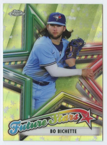 Baseball card of Bo Bichette, a future star for the Toronto Blue Jays in light blue uniform