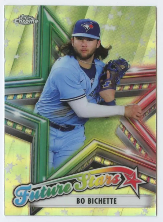 Baseball card of Bo Bichette, a future star for the Toronto Blue Jays in light blue uniform
