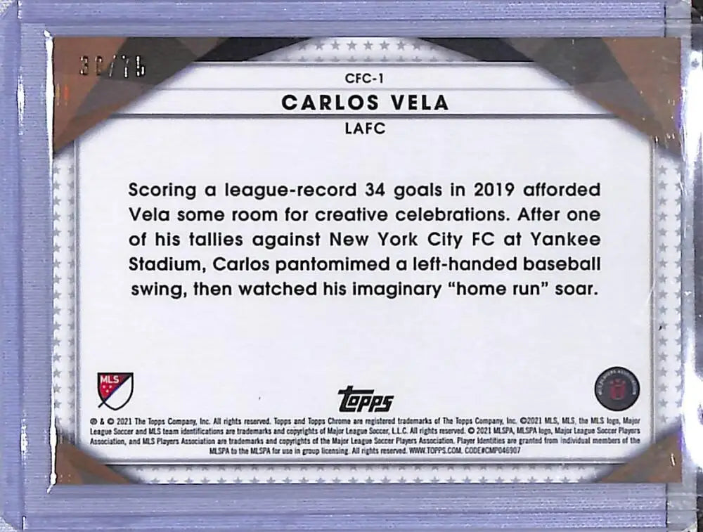 Carlos Vela trading card from 2021 Topps Chrome Green set featuring LAFC striker