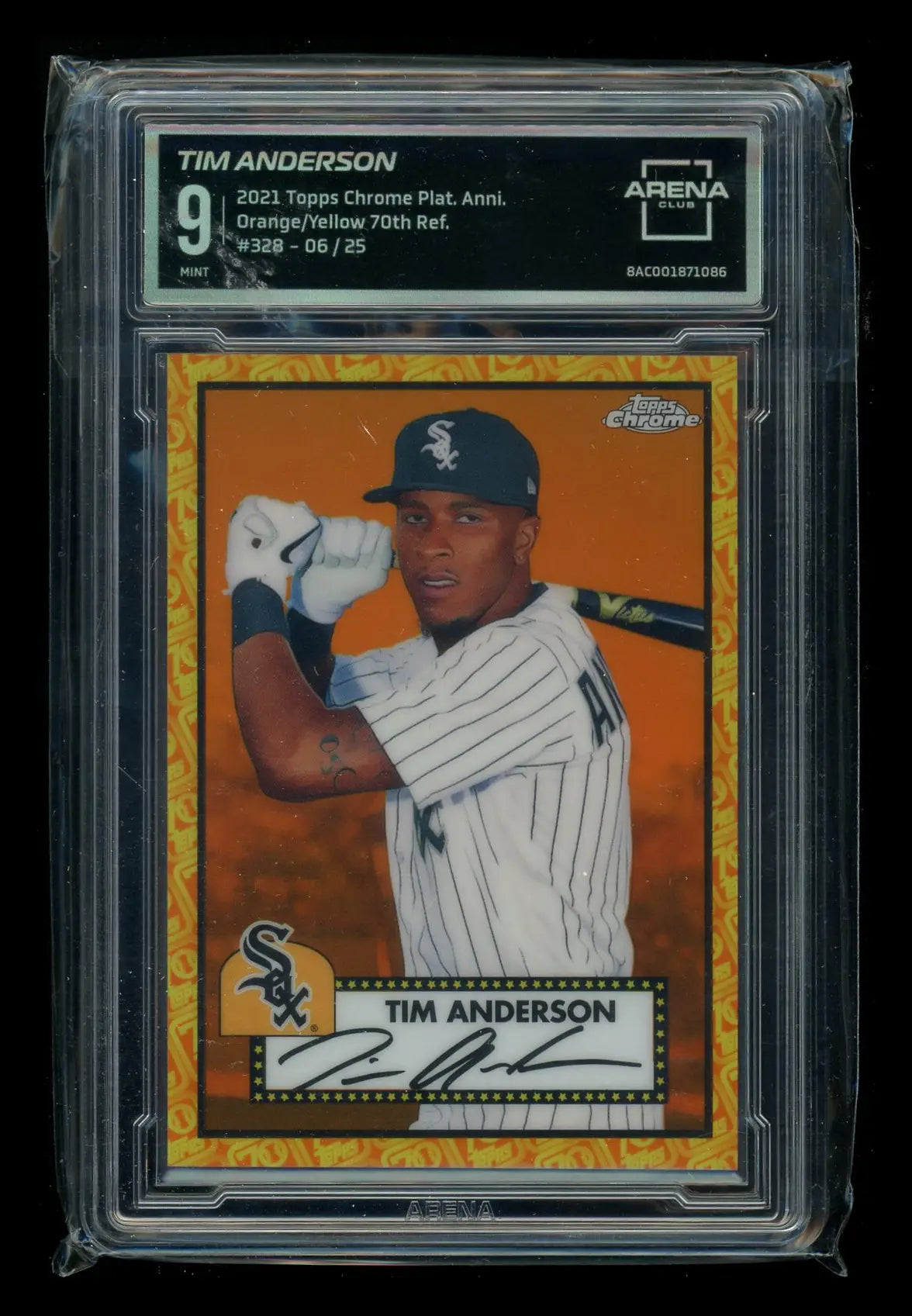 Graded Tim Anderson 2021 Topps Chrome Orange Yellow 70th Refractor card, graded 9