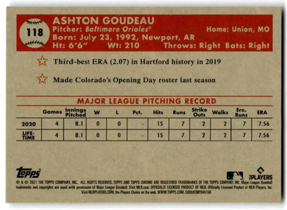 2021 Topps Chrome Platinum Anniversary Ashton Goudeau rookie card with stats and info