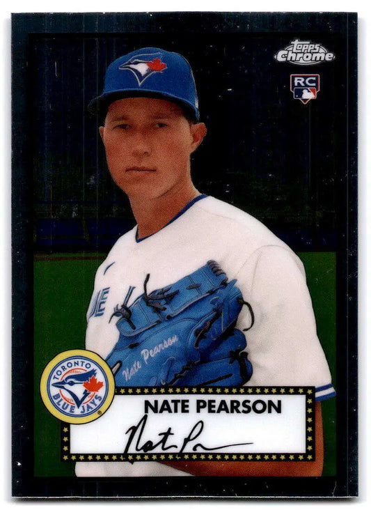 Toronto Blue Jays Nate Pearson rookie card in white jersey and blue cap