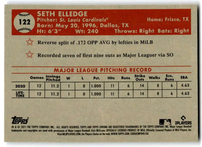 Seth Elledge 2021 Topps Chrome Platinum Anniversary baseball card with stats