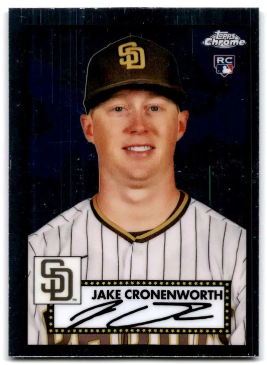 Baseball card of Jake Cronenworth in pinstriped uniform, San Diego Padres, Topps Chrome