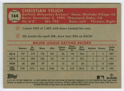 Christian Yelich 2018-2020 batting stats on 2021 Topps Chrome Platinum baseball card
