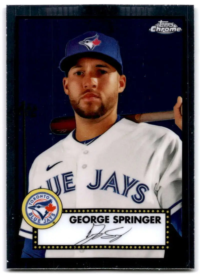 Toronto Blue Jays player in white jersey and blue cap on Topps Chrome Platinum card