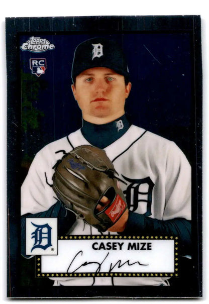 Baseball card of Casey Mize in a Detroit Tigers jersey from Topps Chrome Platinum