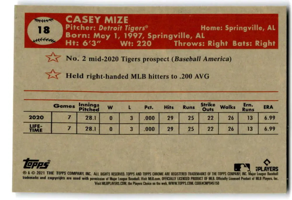 Casey Mize Detroit Tigers Topps Chrome Platinum Anniversary rookie baseball card stats