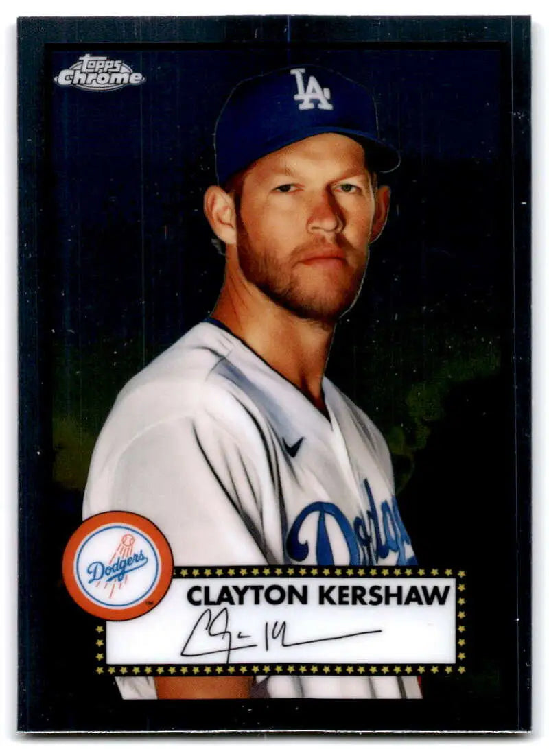 Baseball card of Clayton Kershaw in Dodgers uniform from Topps Chrome Platinum Anniversary