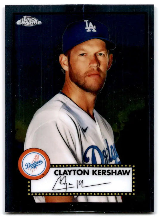 Baseball card of Clayton Kershaw in Dodgers uniform from Topps Chrome Platinum Anniversary