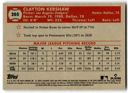 Clayton Kershaw pitching stats from 2018-2020 on Topps Chrome Platinum Anniversary card