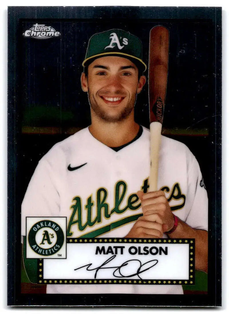Oakland Athletics baseball card of Matt Olson in white home jersey with bat