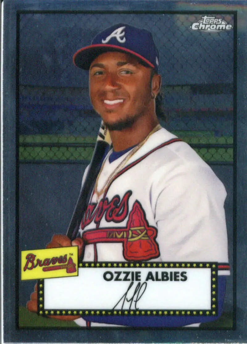 Ozzie Albies Atlanta Braves baseball card in home uniform from 2021 Topps Chrome set