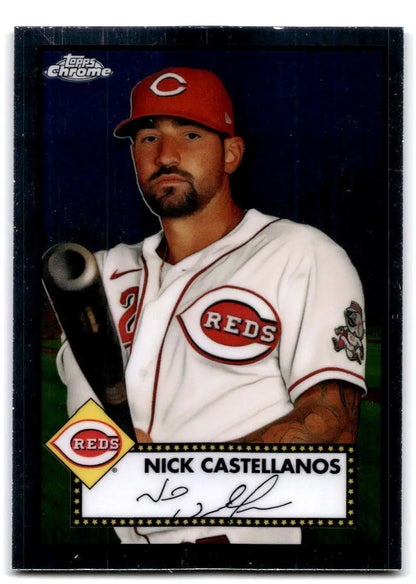 Cincinnati Reds baseball card featuring Nick Castellanos with bat from Platinum Anniversary series