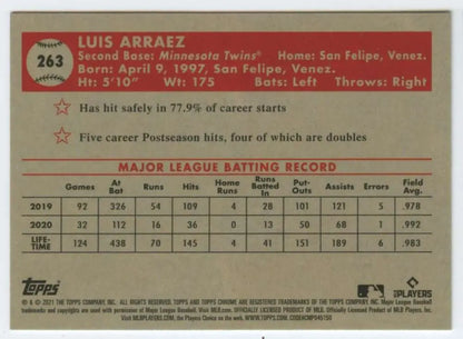 Luis Arraez MLB batting statistics on 2021 Topps Chrome Platinum Anniversary card