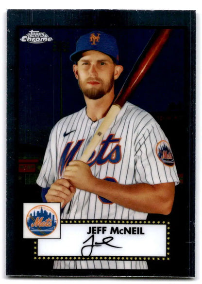 Jeff McNeil in New York Mets pinstriped uniform holding bat on baseball card
