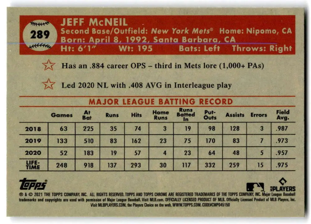 Jeff McNeil New York Mets baseball card showcasing his statistics and career highlights