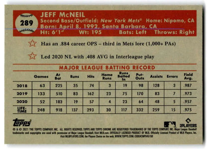 Jeff McNeil New York Mets baseball card showcasing his statistics and career highlights
