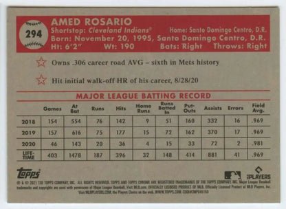 Baseball card of Amed Rosario’s MLB stats 2018-2020 for Cleveland Indians