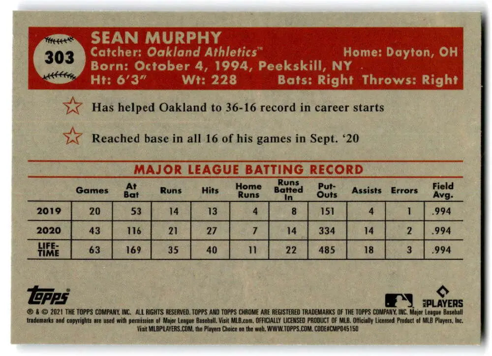Baseball card of Sean Murphy with 2019-2020 stats from Topps Chrome Platinum Anniversary