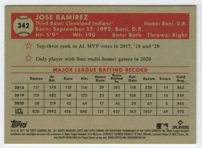 Jose Ramirez MLB batting statistics card from 2018-2020, Topps Chrome Platinum Anniversary