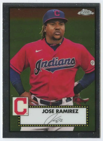 Baseball trading card of Jose Ramirez in red jersey for Topps Chrome Platinum Cleveland Indians