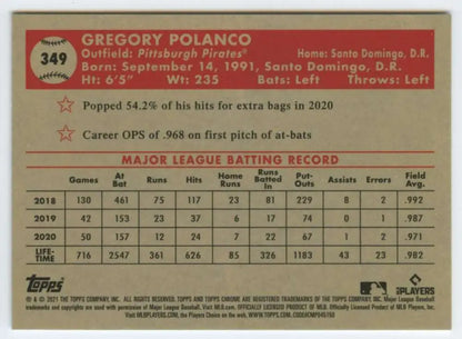 Gregory Polanco 2018-2020 MLB statistics on 2021 Topps Chrome Platinum card