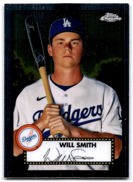 Los Angeles Dodgers player Will Smith on a Topps Chrome Platinum Anniversary baseball card