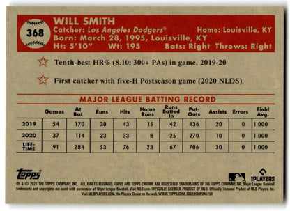 Baseball card featuring player stats from 2019-2020 for Los Angeles Dodgers Will Smith Topps Chrome Platinum
