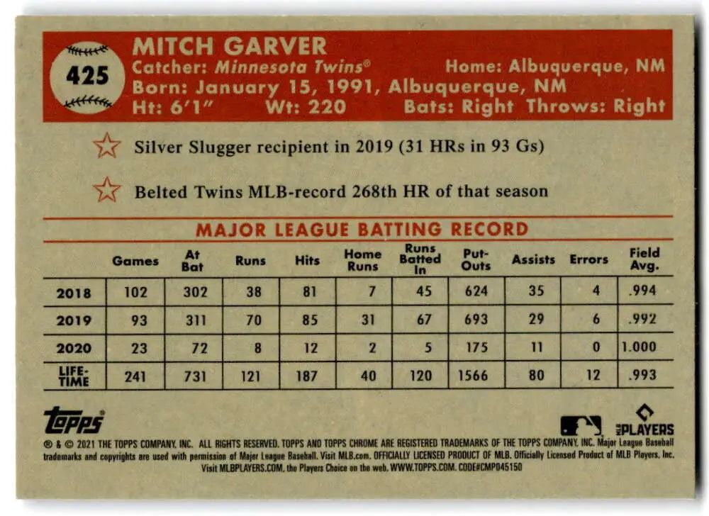 Baseball card featuring Mitch Garver statistics from 2021 Topps Chrome Platinum Anniversary
