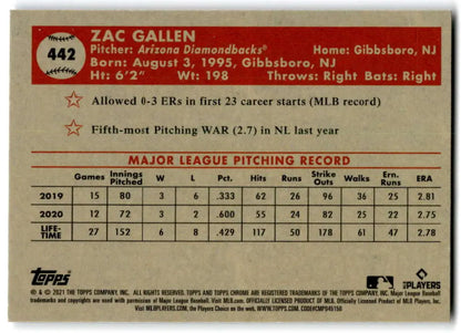 Baseball card featuring Zac Gallen stats from Topps Chrome Platinum Anniversary set