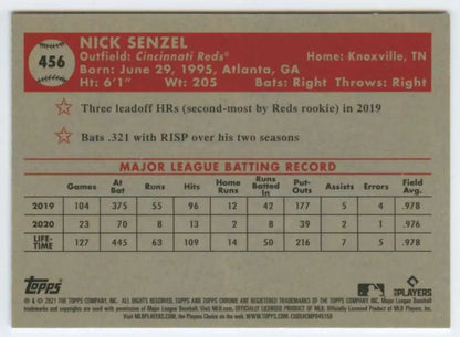 Baseball card of Nick Senzel with stats from 2021 Topps Chrome Platinum Anniversary