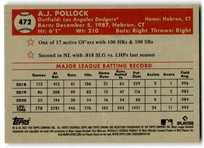 A.J. Pollock MLB statistics on 2021 Topps Chrome Los Angeles Dodgers baseball card