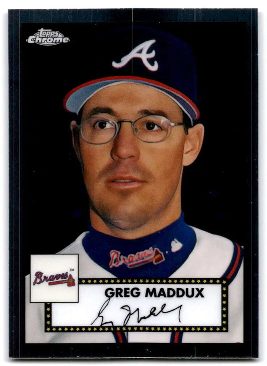 Greg Maddux Atlanta Braves Topps Chrome Platinum Anniversary baseball card with glasses