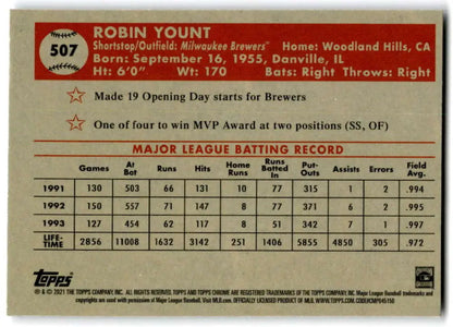 Robin Yount Baseball Card showcasing career stats 1991-1993, Topps Chrome Platinum, Milwaukee Brewers