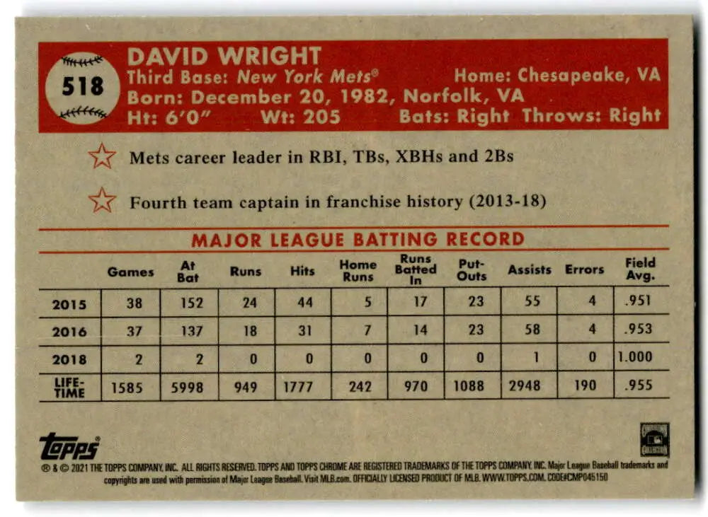 David Wright career statistics baseball card from Topps Chrome Platinum for New York Mets