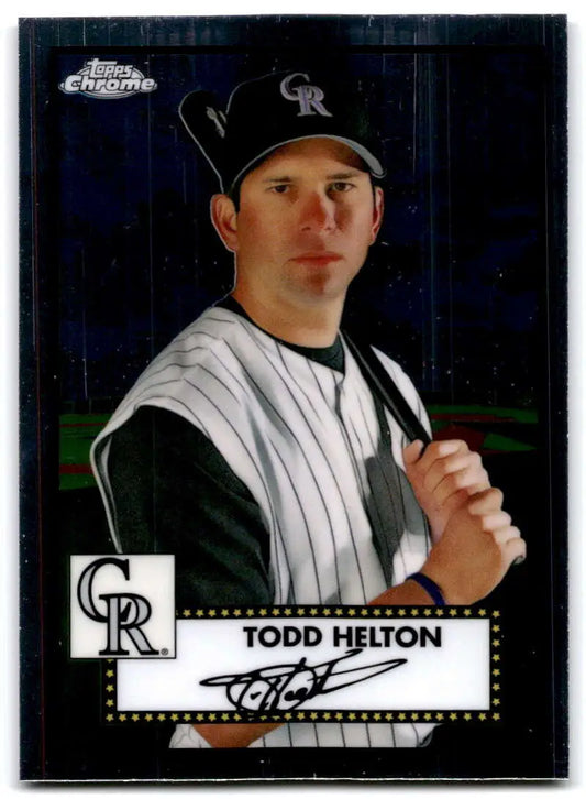 Todd Helton baseball card in pinstripe uniform from Topps Chrome Platinum Anniversary