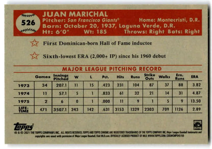Juan Marichal pitching statistics on 2021 Topps Chrome Platinum Anniversary Baseball Card