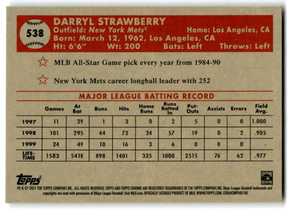 Darryl Strawberry 2021 Topps Chrome Platinum Anniversary Baseball Card with stats from 1997-1999