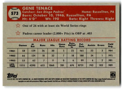 Baseball card featuring Gene Tenace’s stats with San Diego Padres from Platinum Anniversary