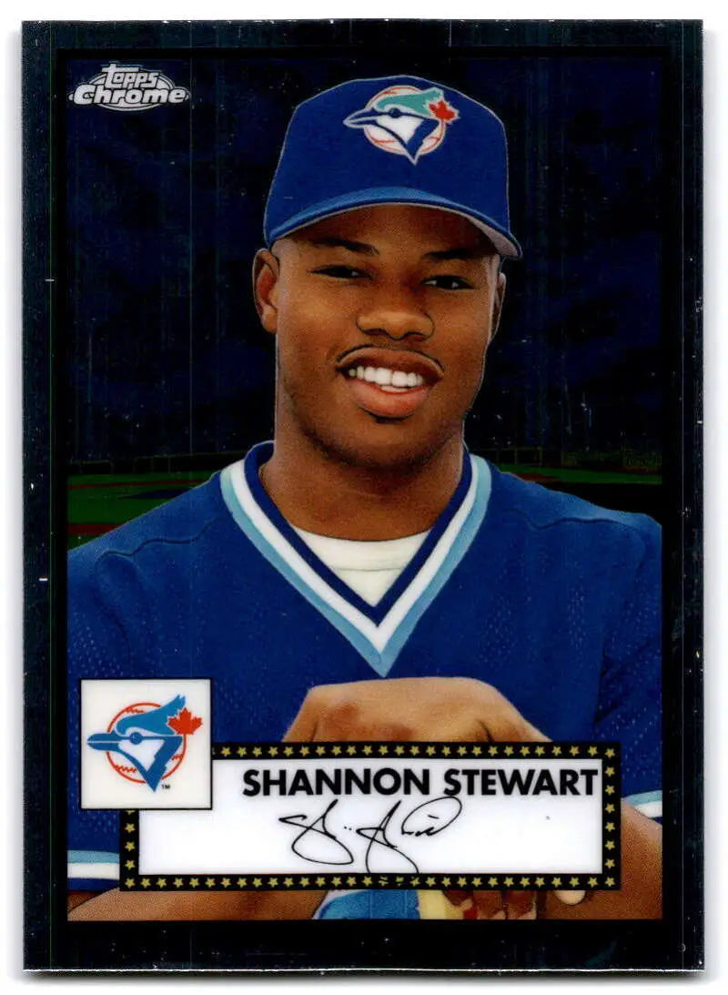 Toronto Blue Jays baseball card of Shannon Stewart in blue team uniform from 2021 Topps Chrome