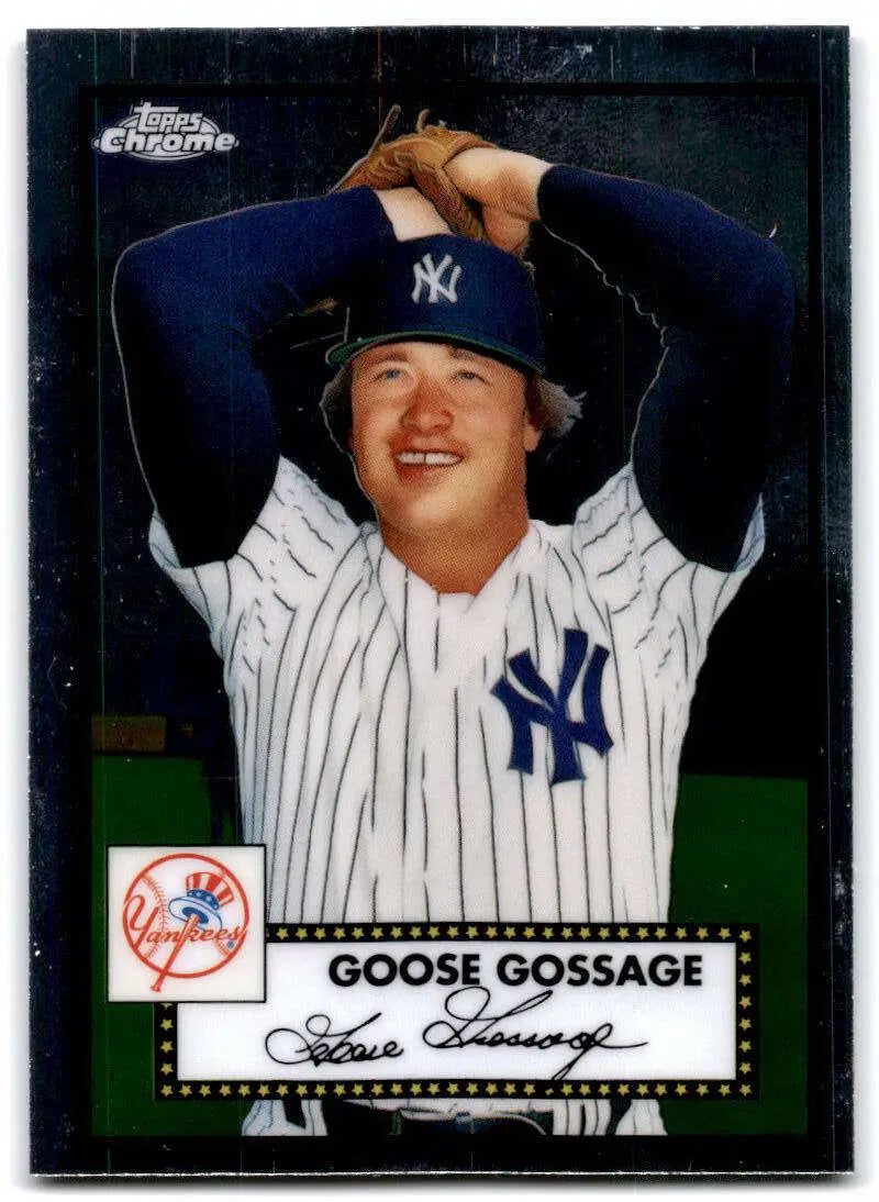 Goose Gossage in pinstripe uniform on 2021 Topps Chrome Platinum Anniversary card