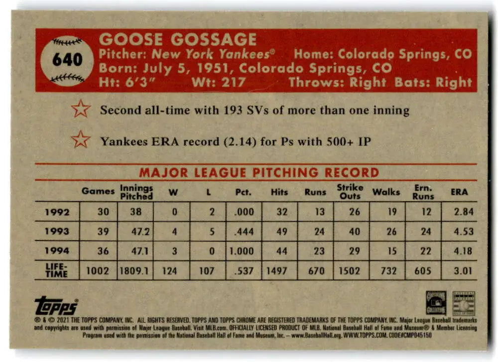 Goose Gossage pitching statistics baseball card from 2021 Topps Chrome Platinum Anniversary
