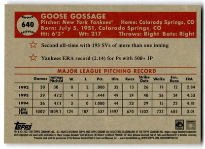 Goose Gossage pitching statistics baseball card from 2021 Topps Chrome Platinum Anniversary