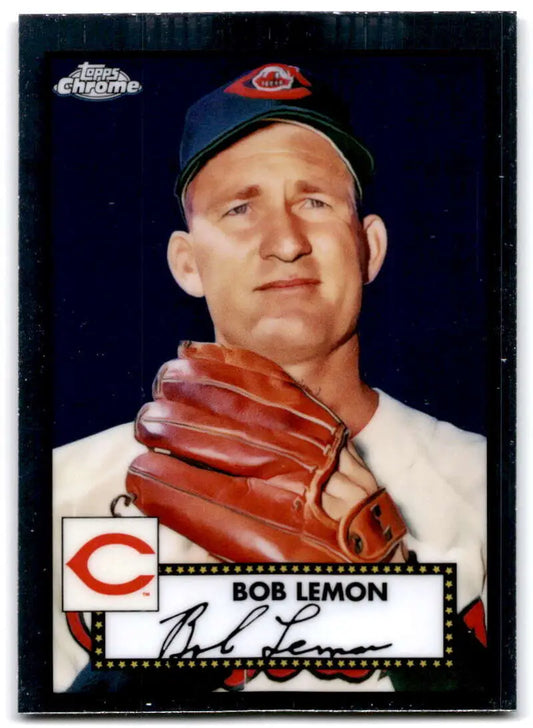 Vintage baseball card of Bob Lemon, Cleveland Indians player in navy cap and leather glove