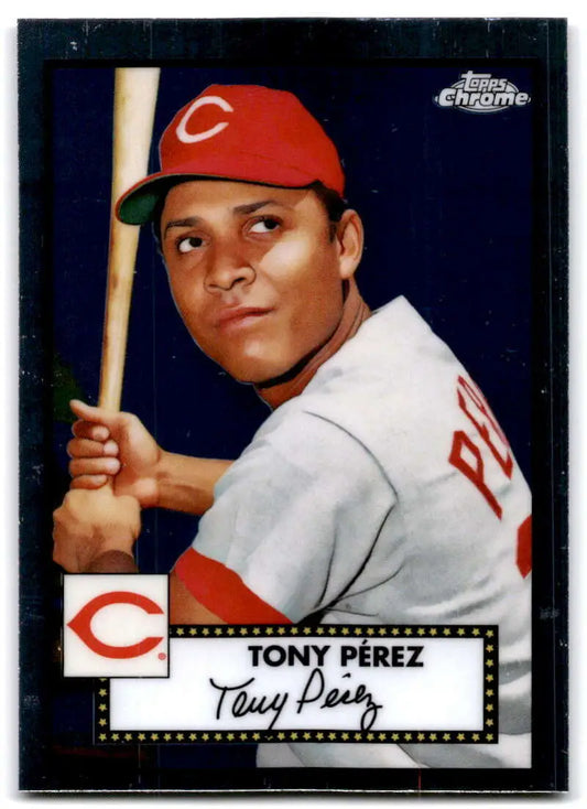 Topps Chrome Platinum Anniversary card of Tony Perez in batting stance for Cincinnati Reds
