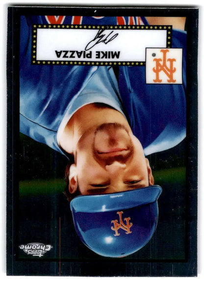 Upside down New York Mets logo on Mike Piazza 2021 Topps Chrome Platinum Anniversary card