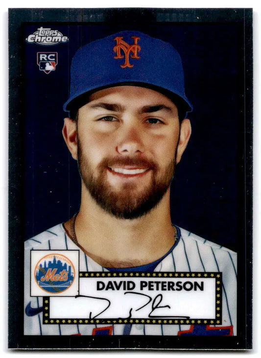 Baseball card of David Peterson in New York Mets pinstriped uniform and blue cap