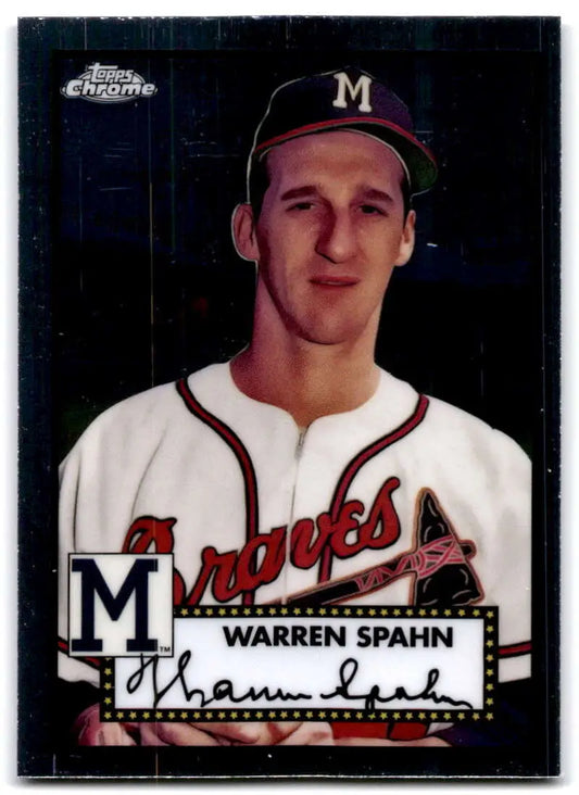 Vintage baseball card of Warren Spahn in Milwaukee Braves uniform from Topps Chrome Platinum