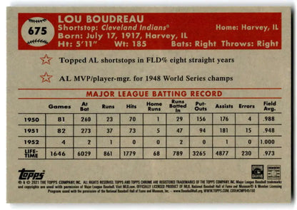 Lou Boudreau career batting stats on 2021 Topps Chrome Platinum Anniversary card